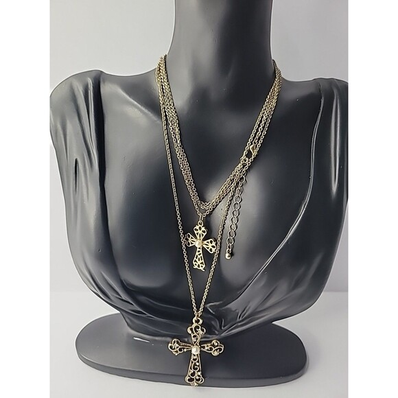 Vintage Necklace Chain Gold Tone Cross Pendant Crystal White Bead Jewelry - Picture 1 of 14